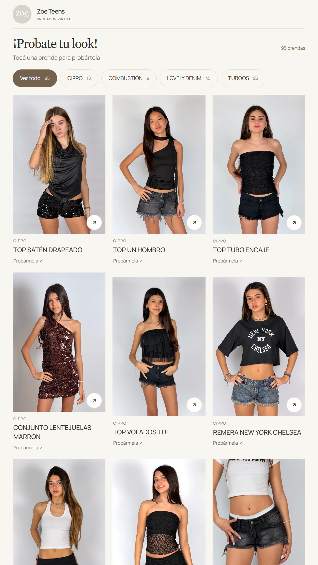 Vertical try-on screen: catalogue of garments to pick and try on with artificial intelligence
